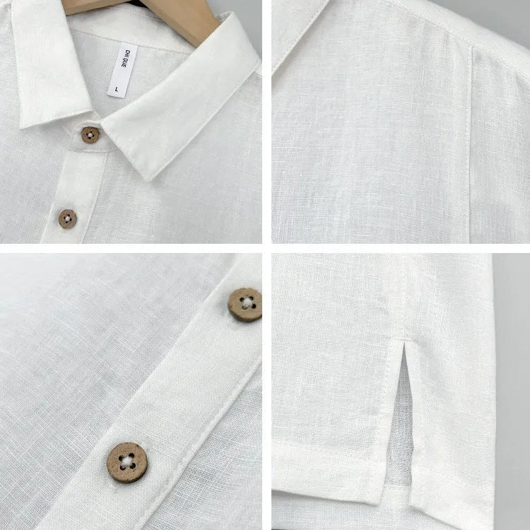 Men's linen summer top with thin lapel collar in loose fit and short sleeves.