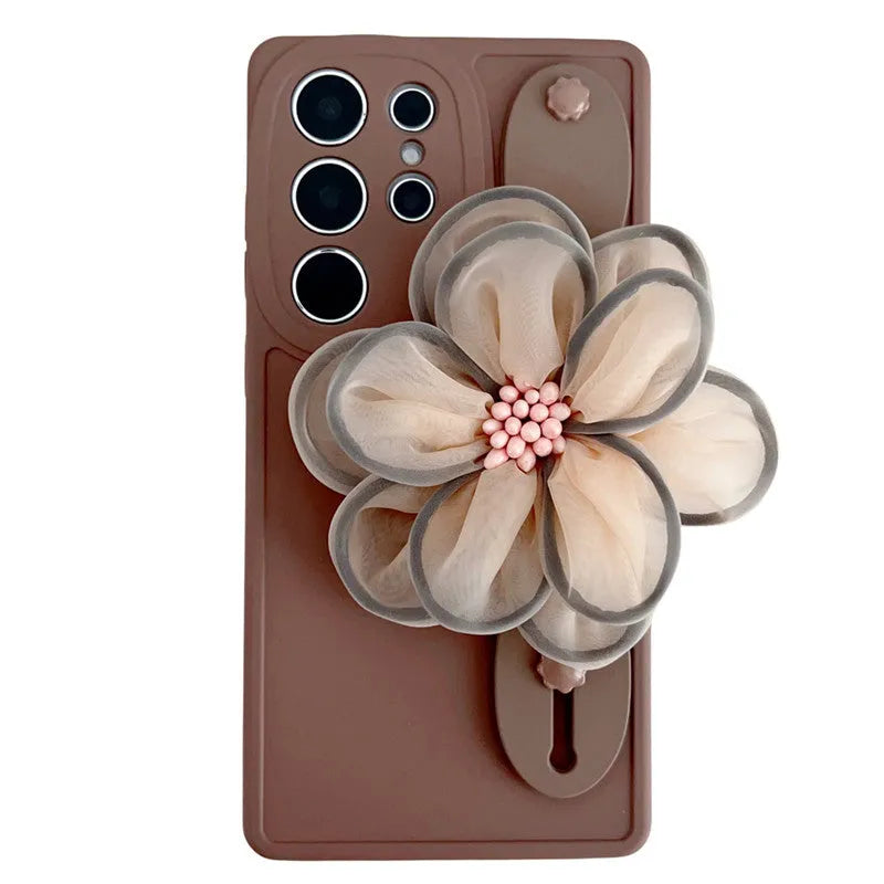 Brown frosted silicone phone case with built-in bracket and wrist strap for Samsung smartphone