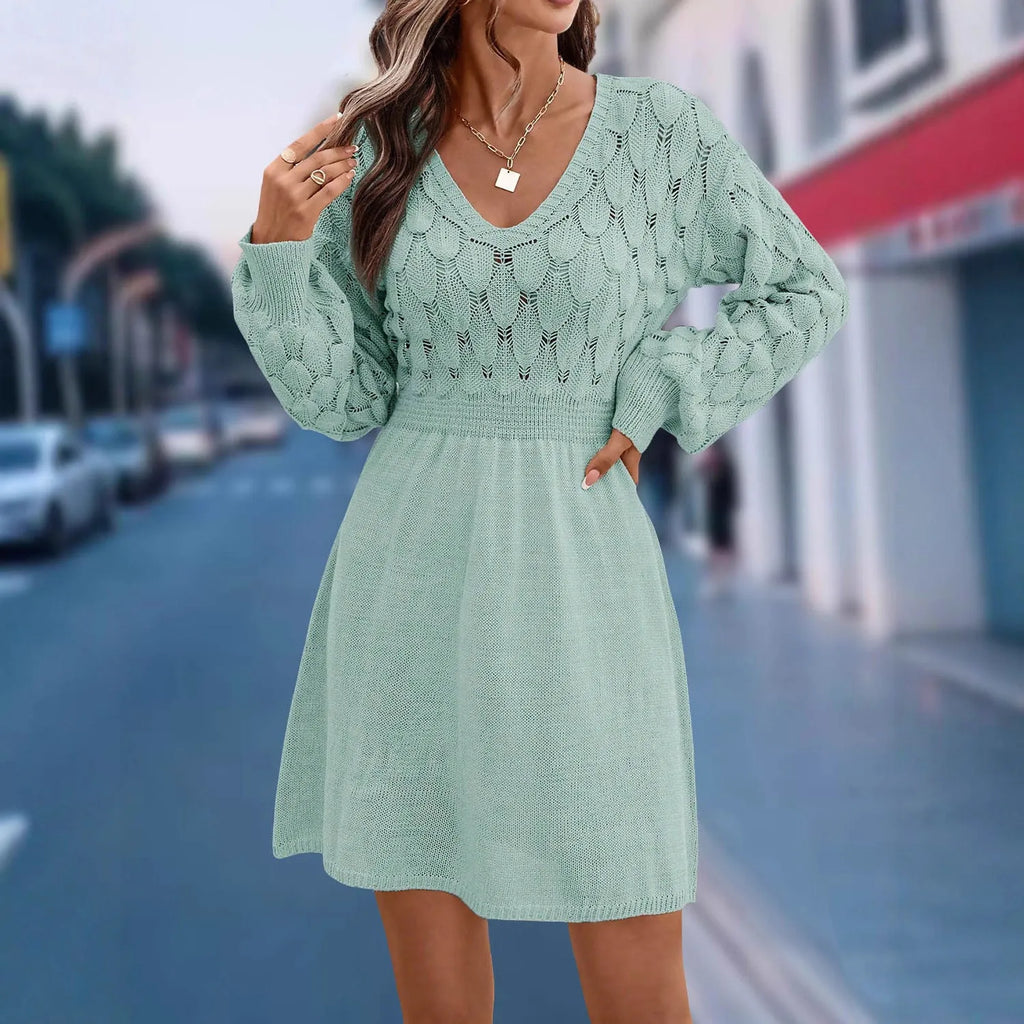 Women's long sleeve V-neck beach dress in acrylic fabric with a 3D pattern and high waist.
