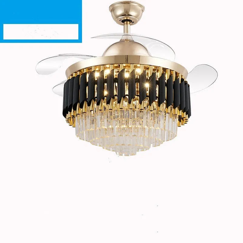 Crystal chandelier style ceiling fan with integrated LED light and remote control on a white ceiling.