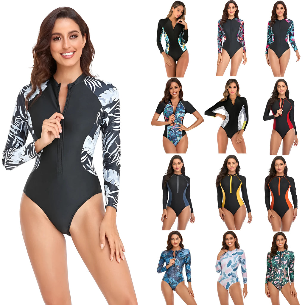 Women's one-piece swimsuit with front zipper and short sleeves in solid colour polyester
