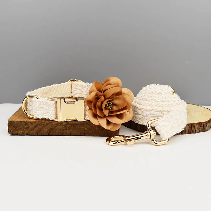 Pet wedding accessories set showing lace vest, floral collar, and adjustable leash for dogs