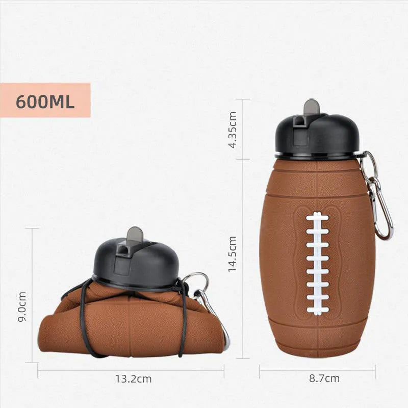Brown rugby ball-shaped collapsible sports water bottle, 600ml, food-grade silicone, leak-proof seal, non-slip grip.
