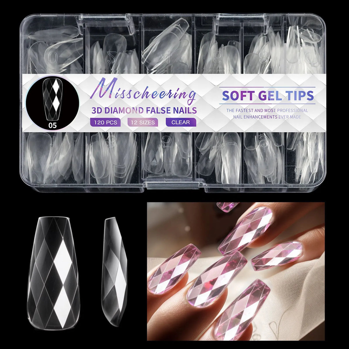 3D diamond wear long shaping artificial nail tips in twelve different colour options