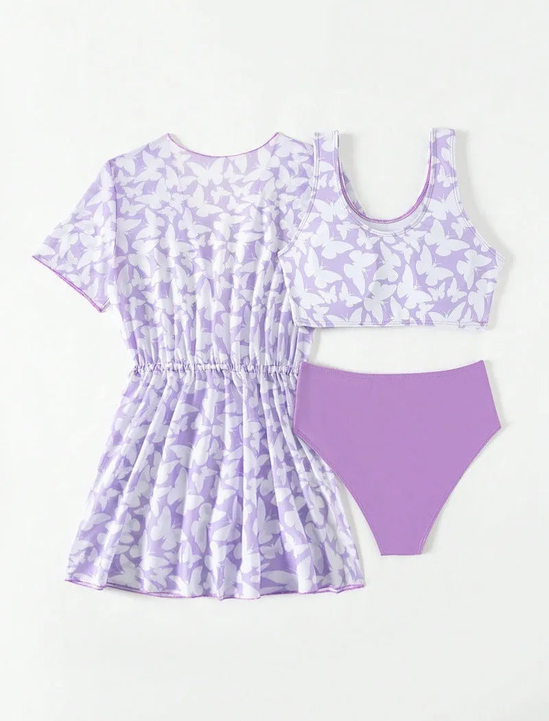 Girls' three-piece polyester swimsuit set in colour 3218, sizes 8Y-12Y.