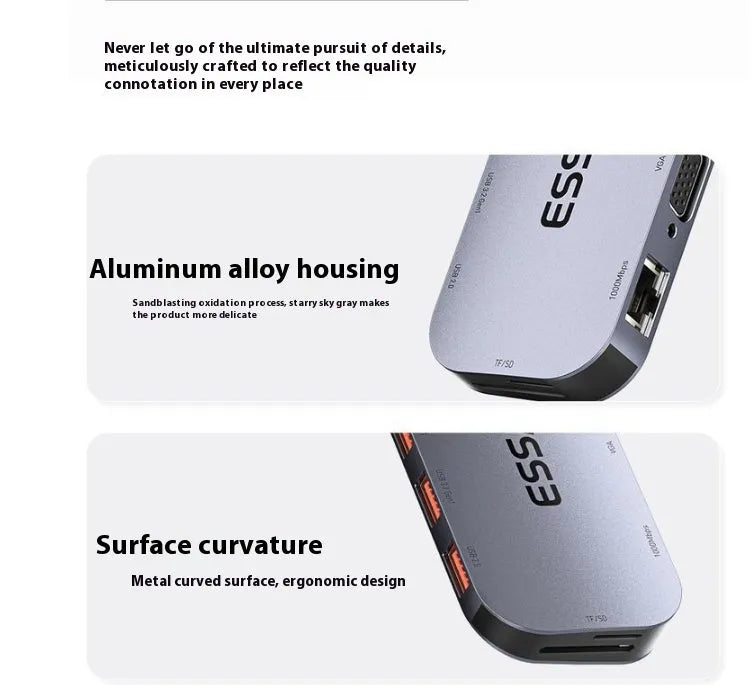 Silver 11-in-1 USB-C expansion hub with Gigabit Ethernet, HDMI, USB ports, and a 20cm attached cable.