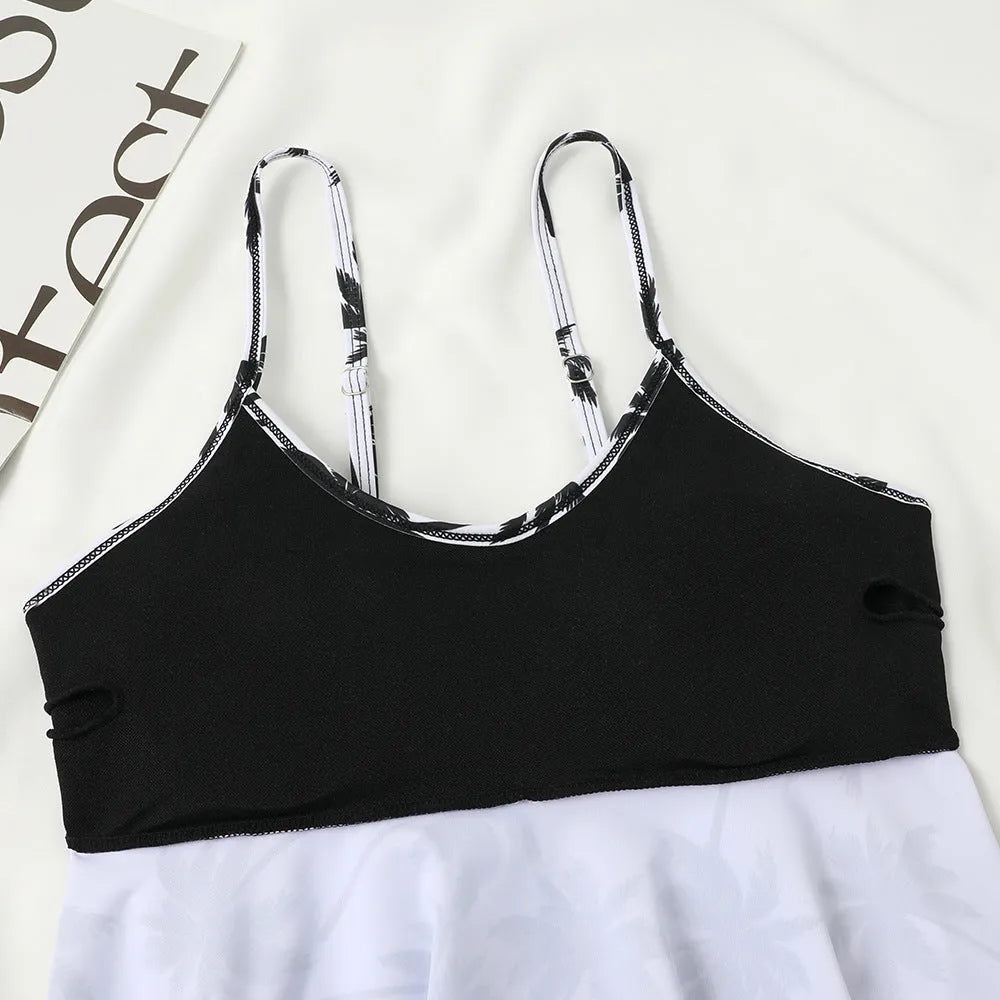 Women's high-waisted swimsuit set in black or coconut tree print, showing top and briefs.