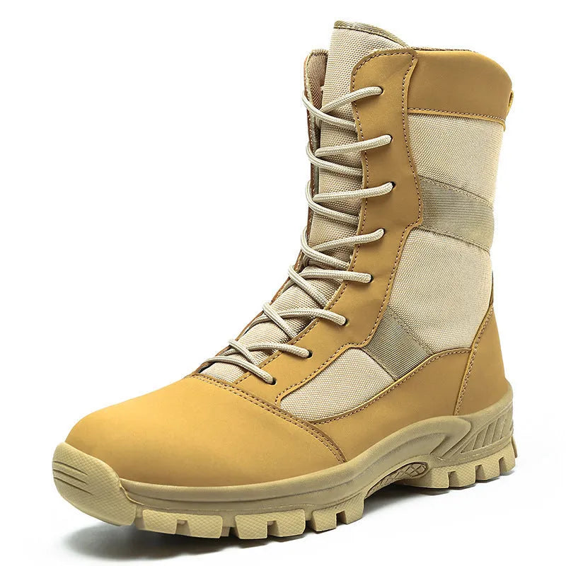 Men's black mesh high-top combat boots with detailed totem pattern on the upper