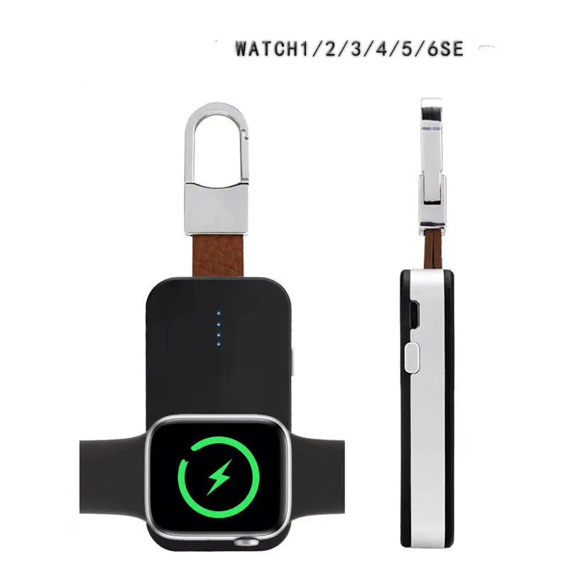 Black Apple Watch wireless charging power bank on a keychain, showing compact size.