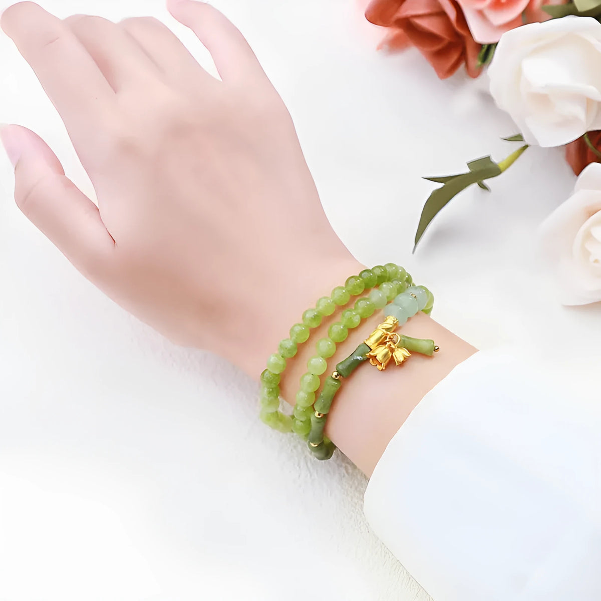 Grey jade multi-circle girls bamboo bracelet with flower lily element and copper steel alloy clasp