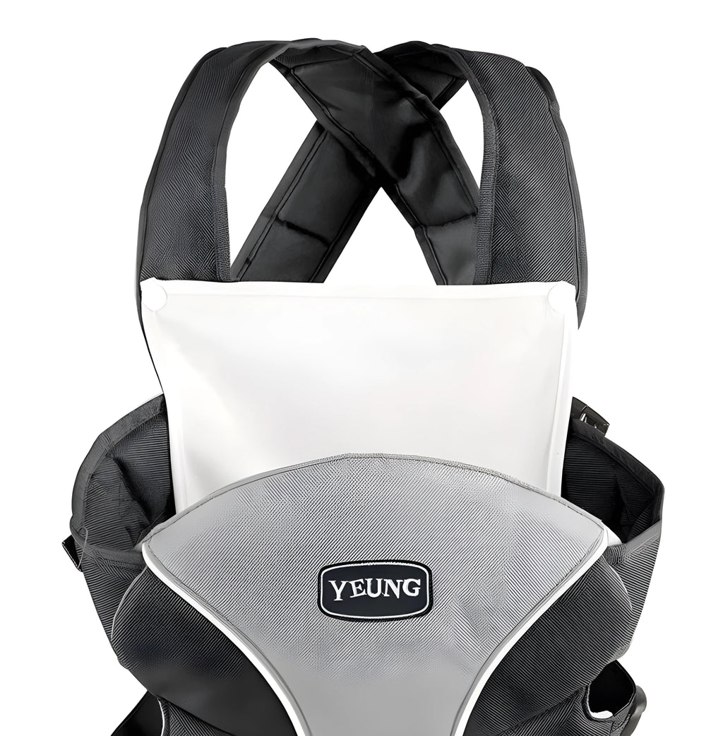 A double-shoulder baby carrier shown in red, blue, and grey, suitable for face-to-face infant carrying.