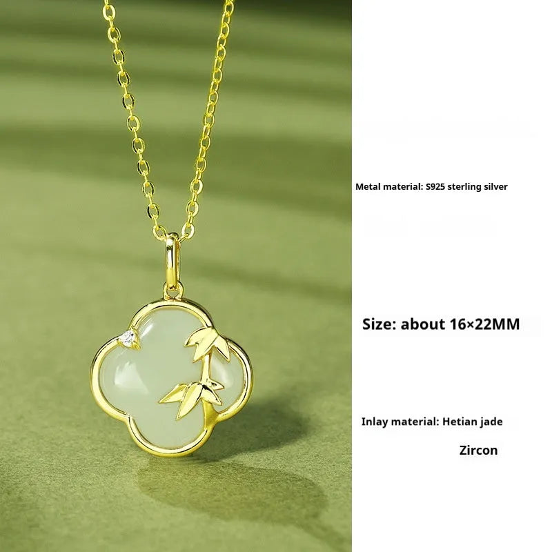 Hetian jade bracelet and necklace set with leaf design in bamboo green tone