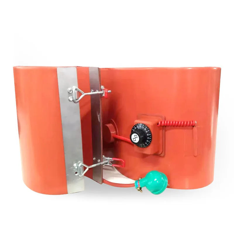 Silicone rubber heating belt wrapped around a 200-litre oil drum with digital display control unit.