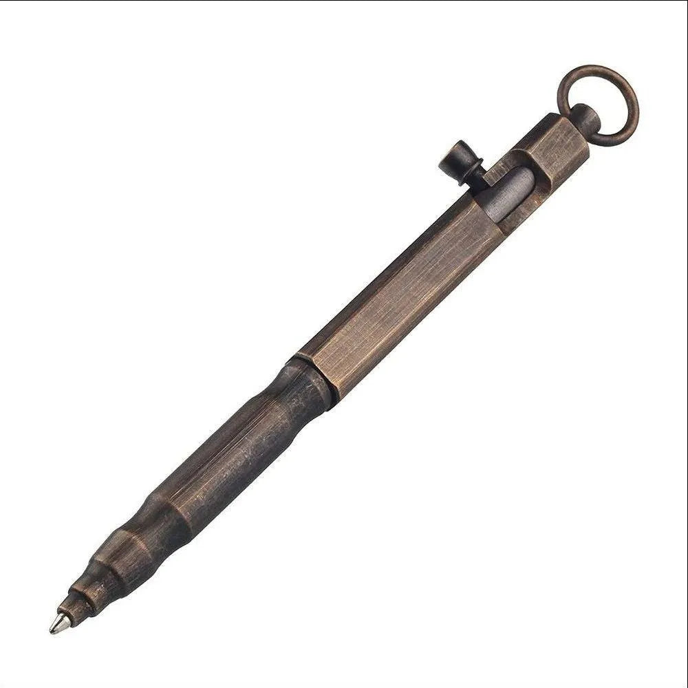 Brass tactical pen with hexagonal bolt pattern showing natural colour finish and precise machining details
