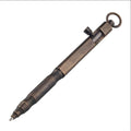 Brass tactical pen with hexagonal bolt pattern showing natural colour finish and precise machining details