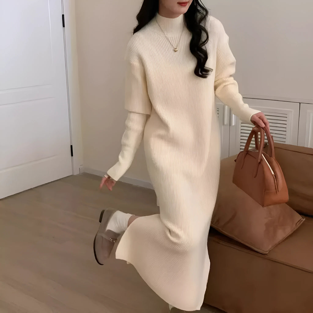 Acrylic half turtleneck knit dress in knee-length design with long sleeves