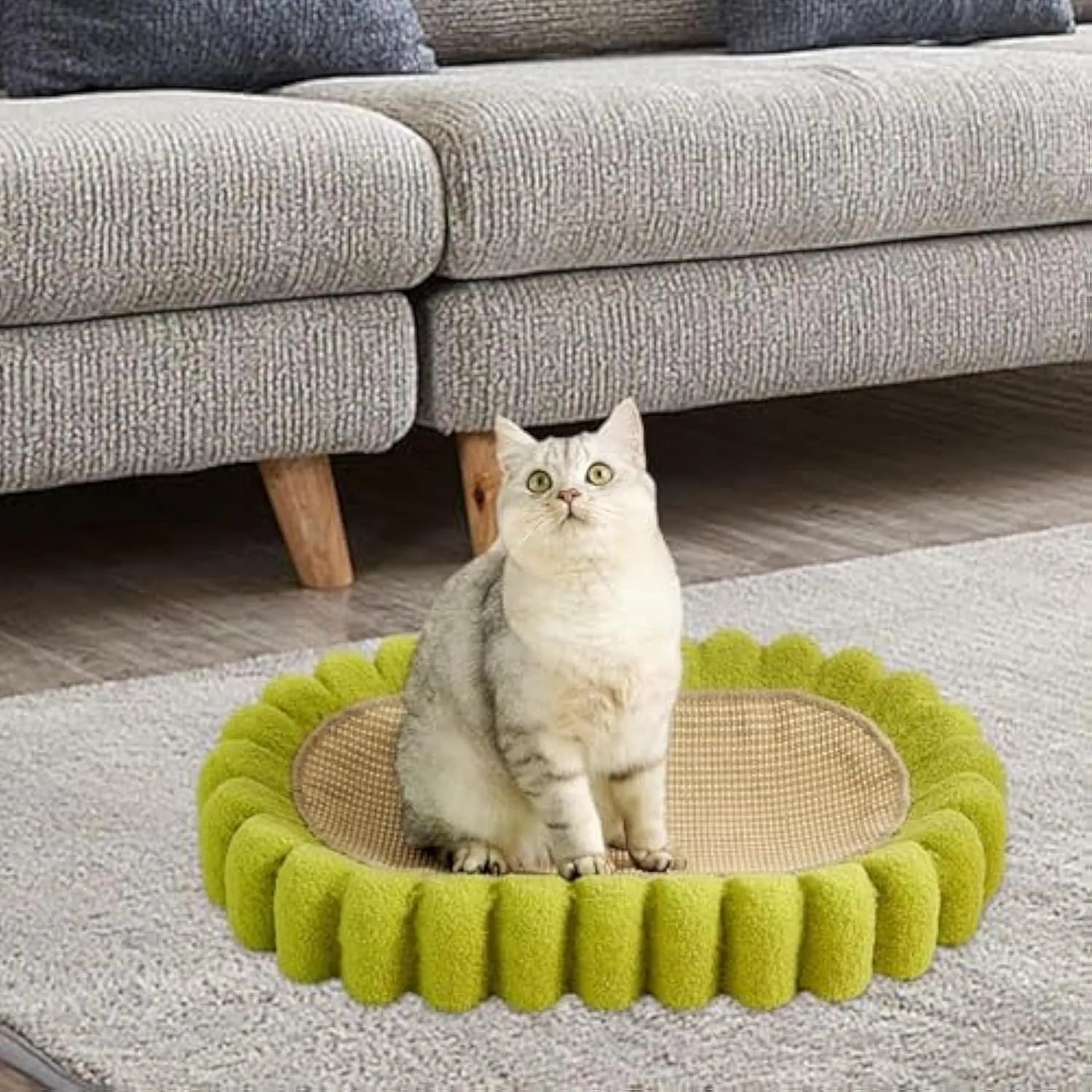 Green oval cat scratch pad bowl made from sisal material with 650mm length