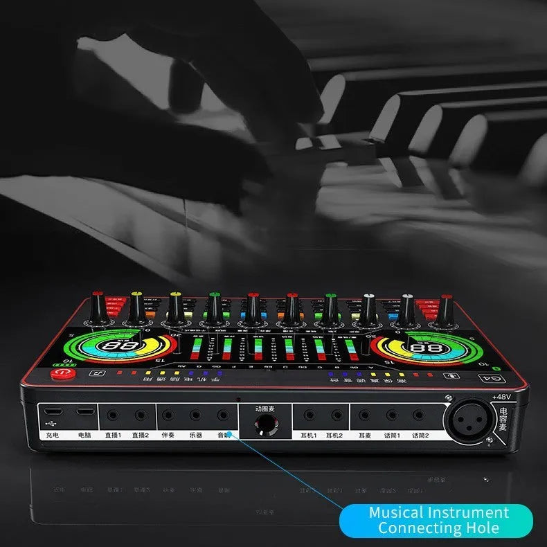 G4 professional live sound card mixer with colourful LCD screen and microphone on a desk.