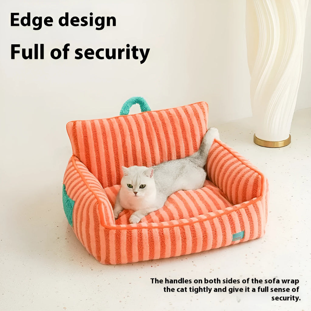 Striped plush fabric dog bed with removable cover in yellow, orange or purple colours