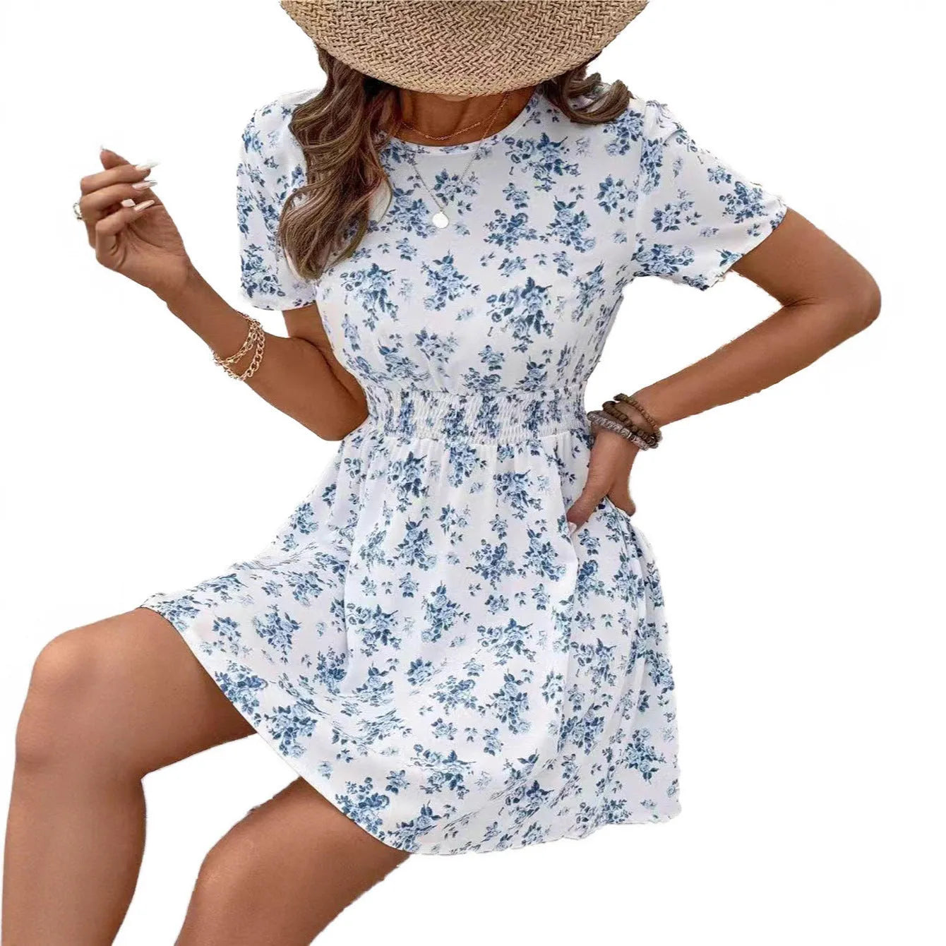Light blue high-waist A-line midi dress with regular sleeves on a model.