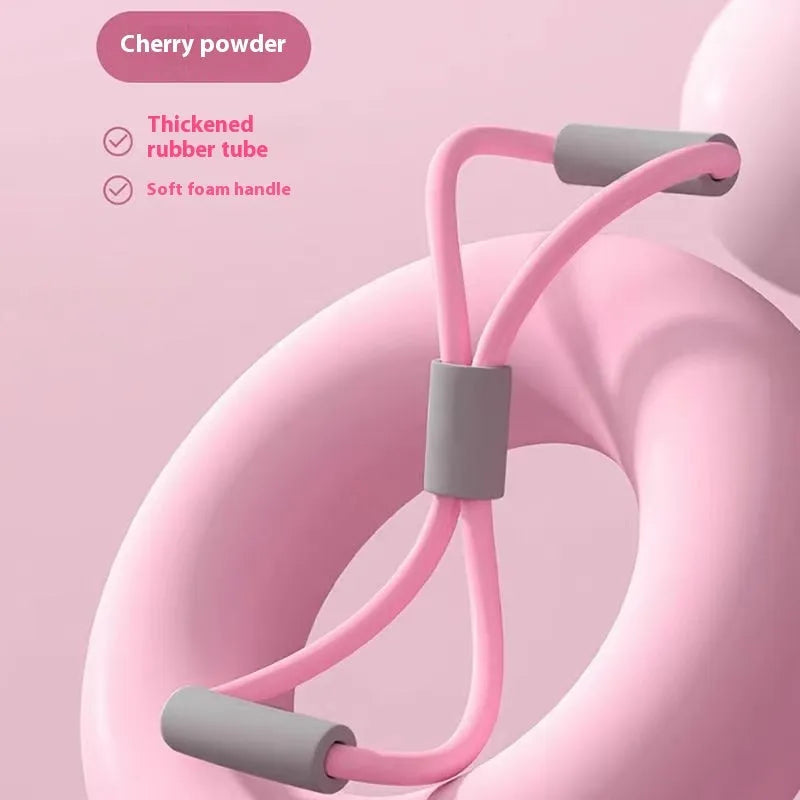 Yoga four piece fitness set showing leg stretcher, pedal resistance band, yoga ring, and figure-eight tension rope.