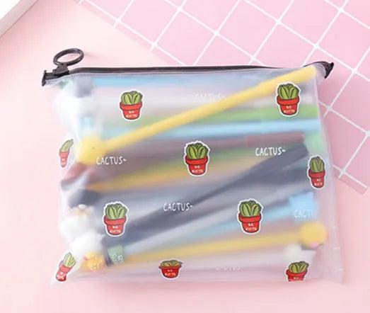 Marvel series cartoon pen set showing cactus design ballpoint pens in plastic storage case