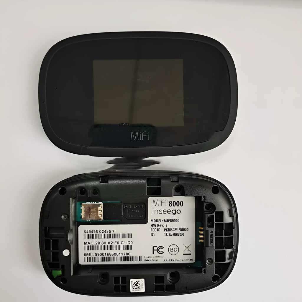 Black mifi8000 dual-core 4G portable wireless router with battery and data cable.
