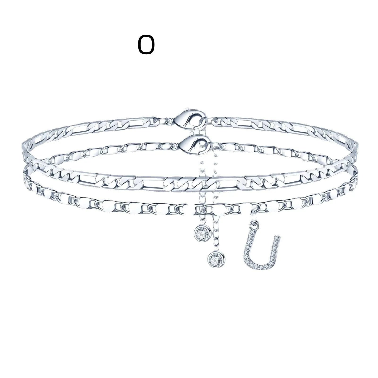 Silver-coloured copper anklet with a double-circle bead engraved with a letter.