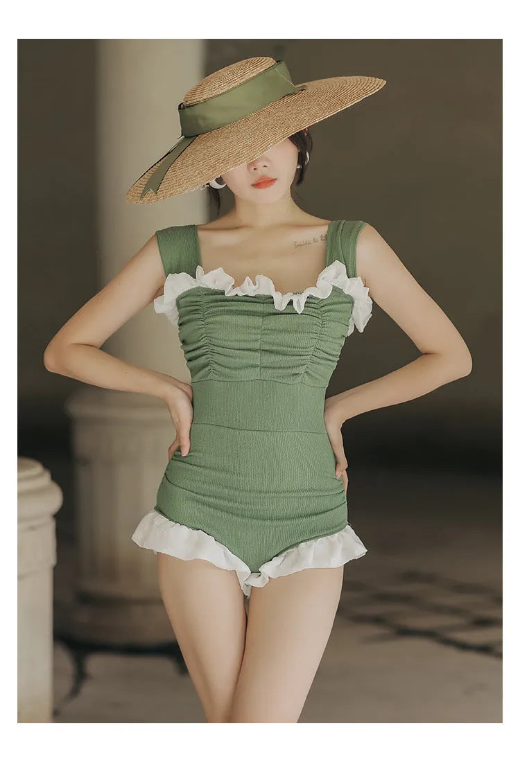 Korean style high-waisted one-piece swimsuit in black, quick-drying polyester fabric, triangle top design