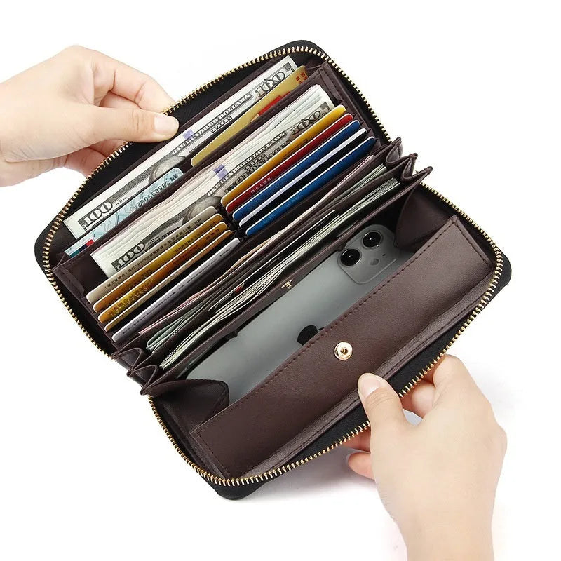 Women's genuine leather RFID anti-theft wallet in six colour options showing interior card slots