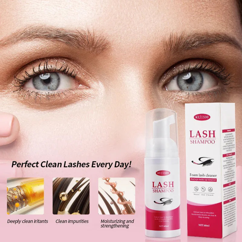 60ml bottle of eyelash cleaning mousse with pump, dimensions 3.7cm by 13.5cm.