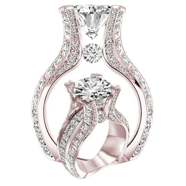 Rose gold electroplated oval shaped zircon engagement ring on alloy band