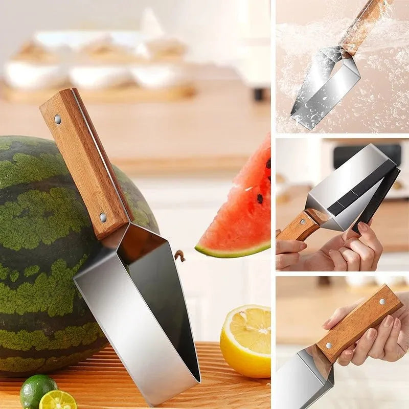 Stainless steel triangle fruit cutter knife with a removable protective cover for slicing melon and watermelon.