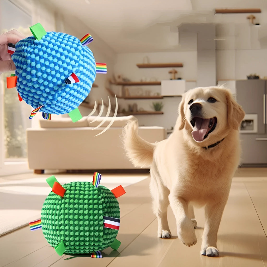 Blue rubber dog ball with a lattice texture and a central ring, shown as a chew and fetch toy.