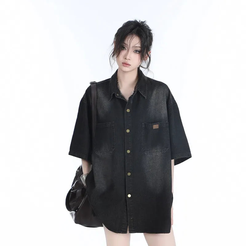 American retro heavy wash denim short sleeve cardigan top in black or blue, colour block pattern, sizes M to 3XL