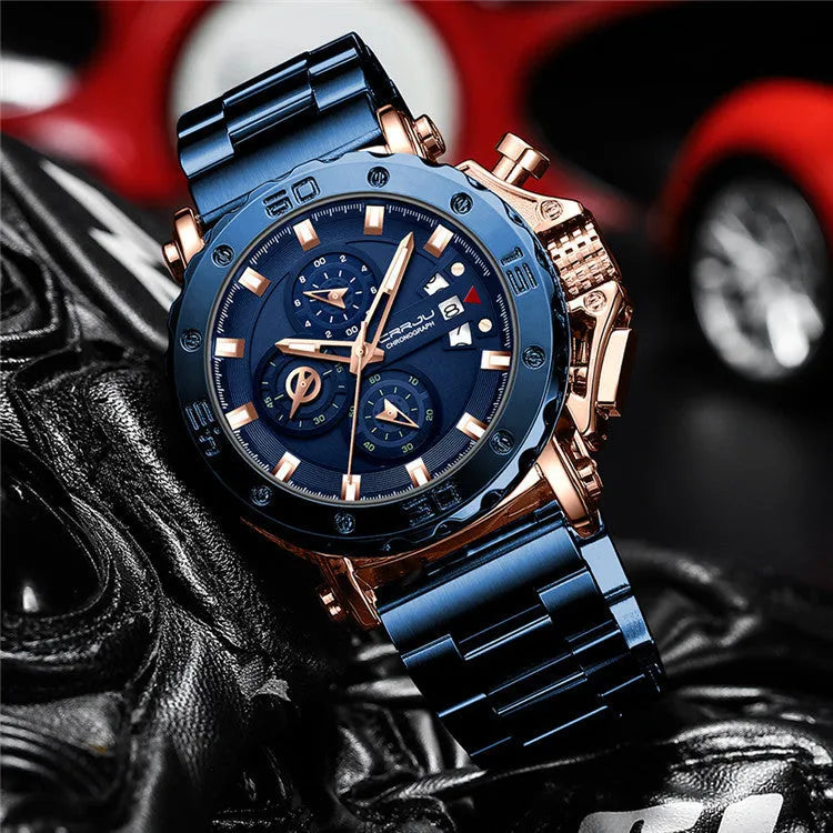 Men's quartz watch with 4.7cm oversized dial stainless steel band silver blue face