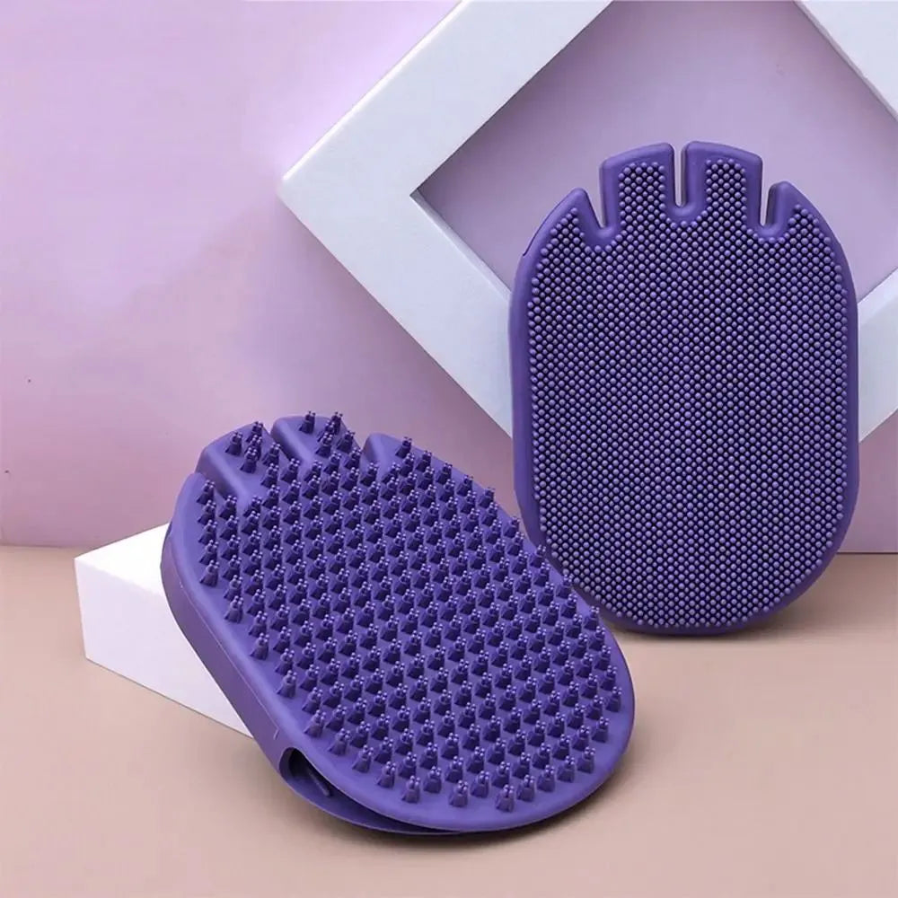 Purple dual-sided TPR pet massage and shampoo brush for dogs and cats.