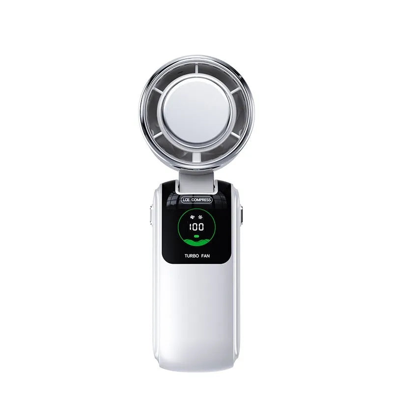 Handheld folding mini fan in blue colour, showing compact design and USB port.