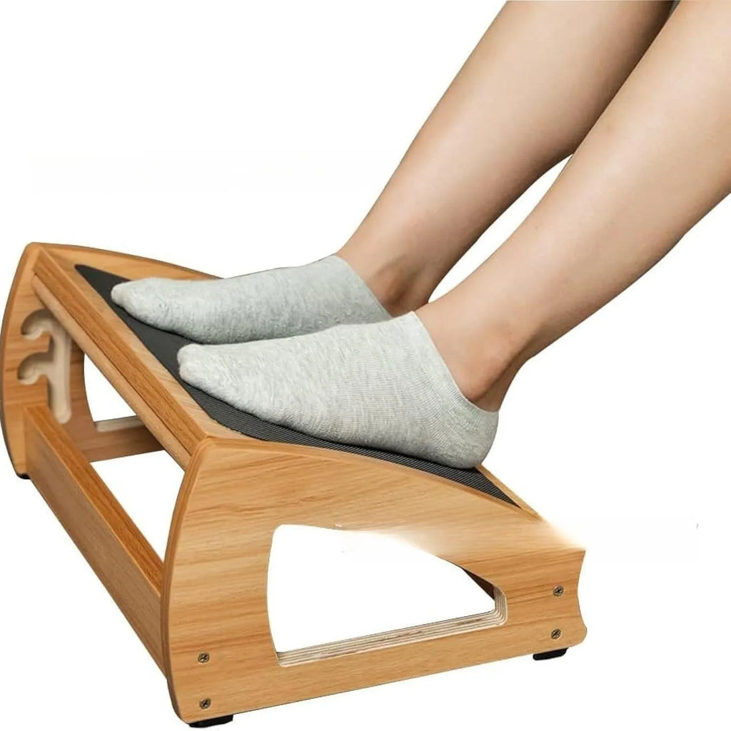 Wooden bamboo office desk footstool in natural wood colour for adult ergonomic seating support