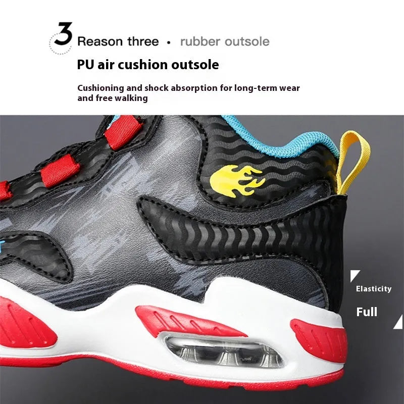 Boys' rotating button basketball shoes in black synthetic leather with cushioned PU sole