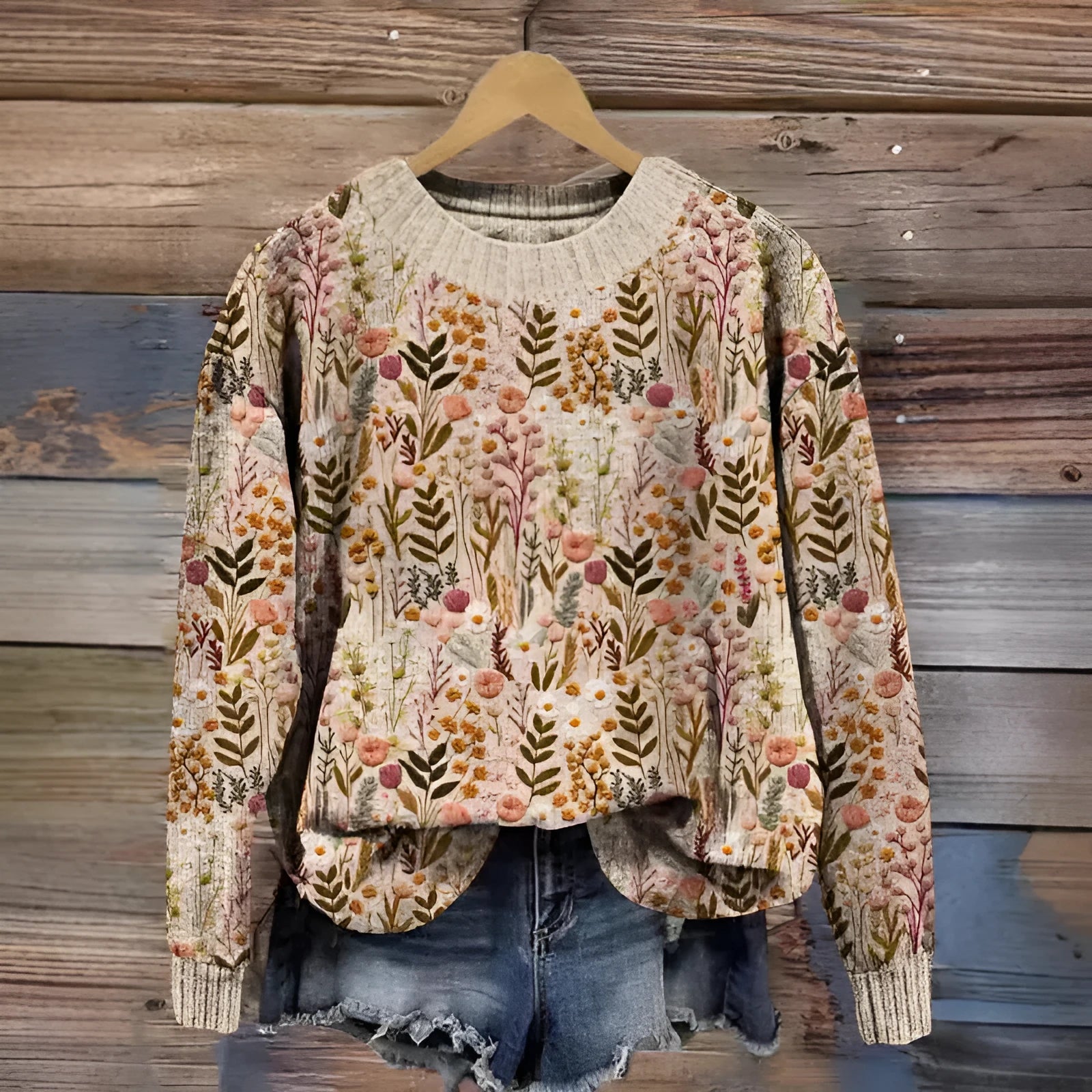 Digital printed floral pattern on a round neck polyester sweater, shown in one of multiple available colours.