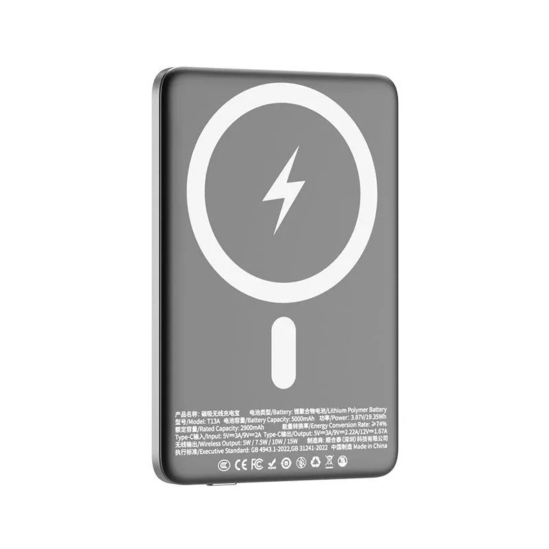 Gun grey magnetic wireless power bank showing ultra-thin 9mm profile and alloy construction