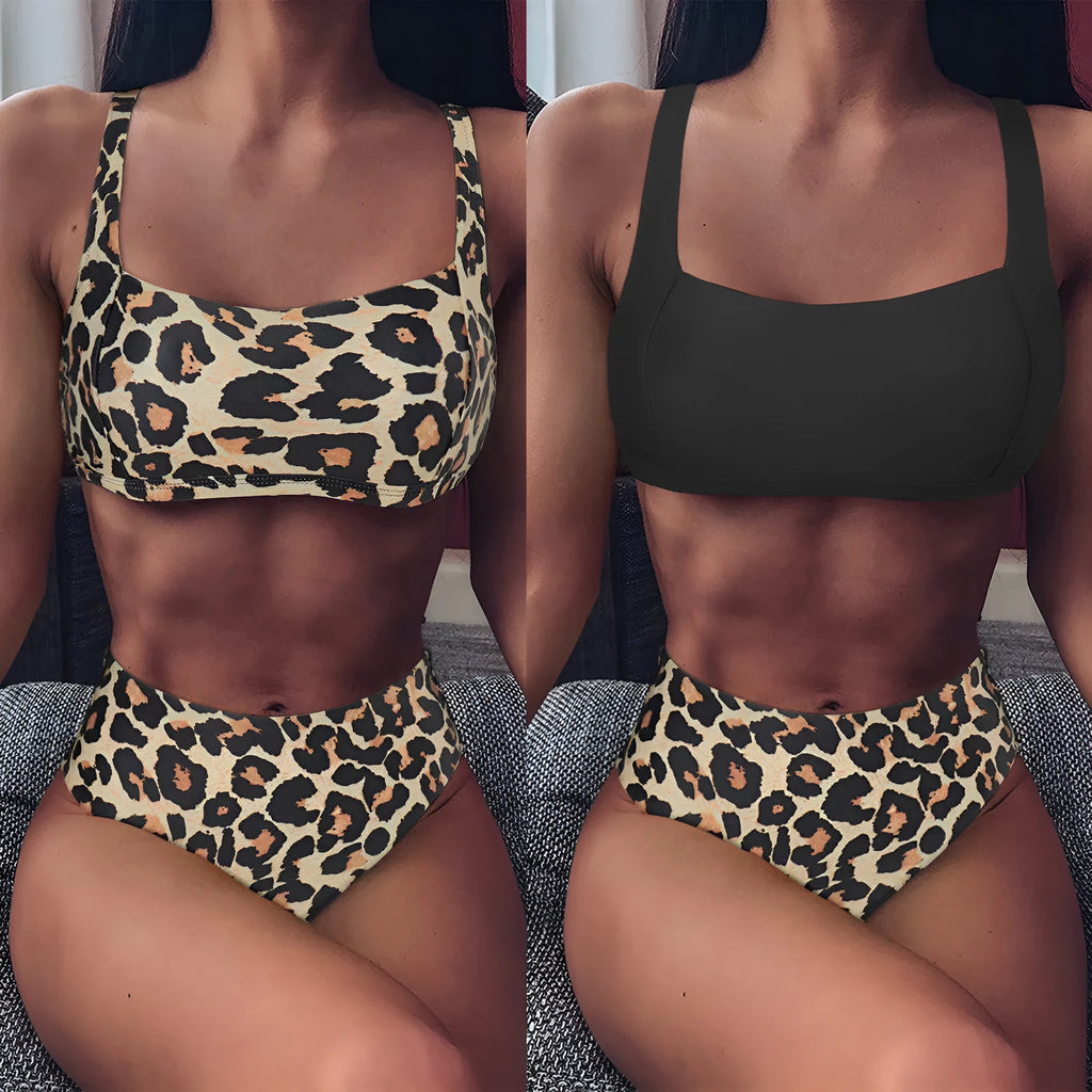 Women's high waist leopard print bikini set with push up bra and briefs shorts
