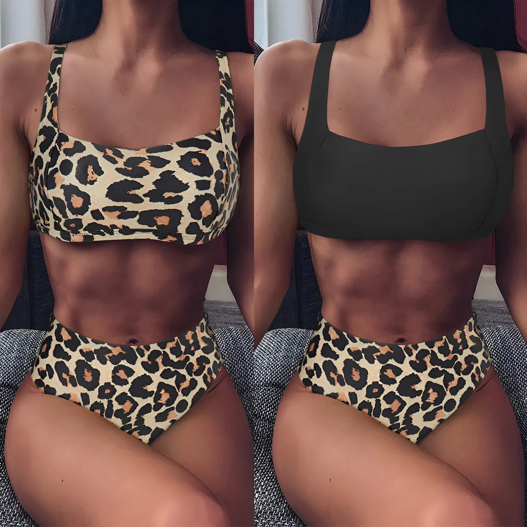 Women's high waist leopard print bikini set with push up bra and briefs shorts