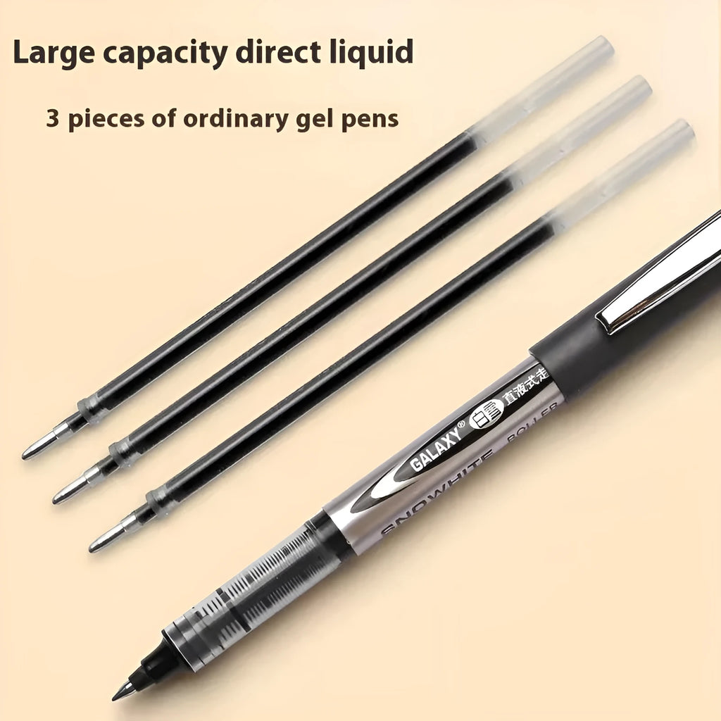Box of twelve 0.5mm fine point signature pens with quick-drying ink in black, blue, red, and ink blue.