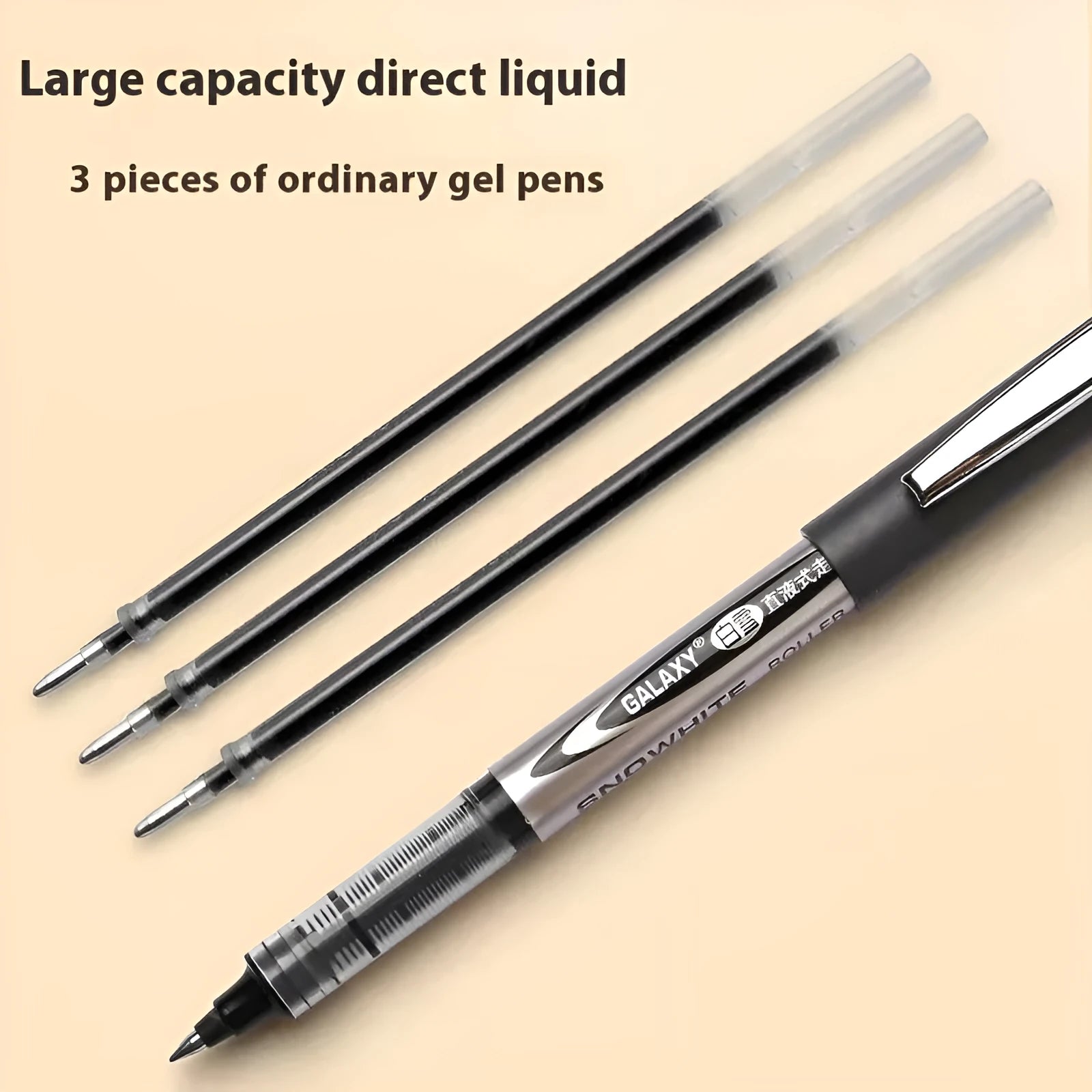 Box of twelve 0.5mm fine point signature pens with quick-drying ink in black, blue, red, and ink blue.