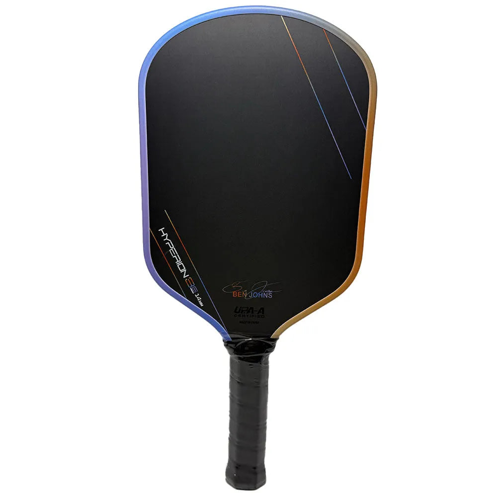 Aurora Multicolor Hyperion 3s pickleball racket with matte Teflon pattern carbon fibre face.