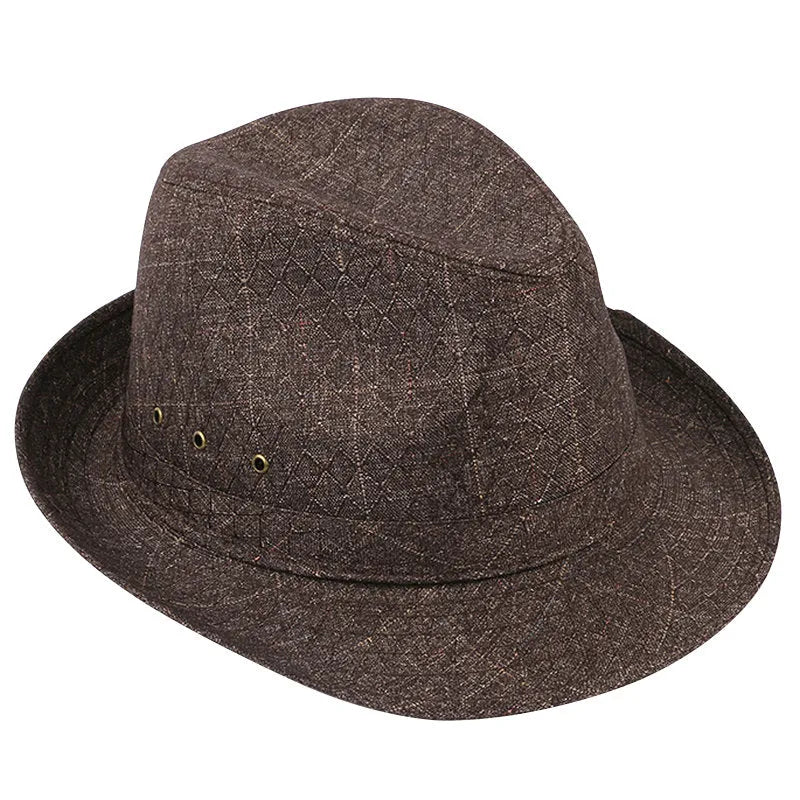 Men's classic fedora hat in suit material and linen, shown in various colours with size tags for 57cm, 58cm, 59cm, and 60cm.