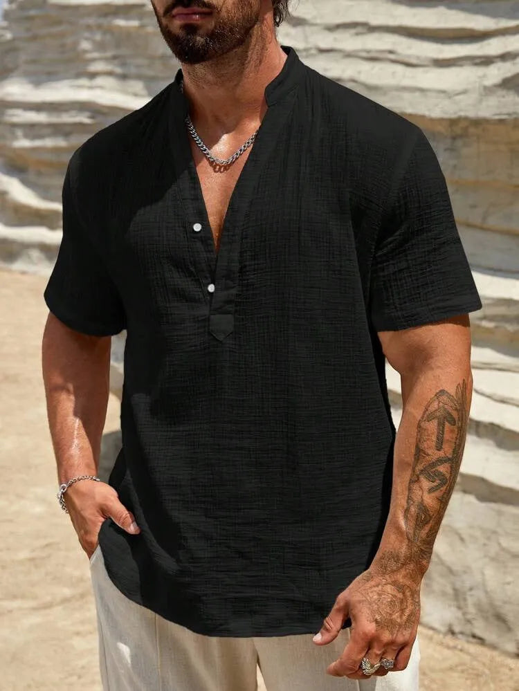 Men's solid colour stand collar short-sleeved shirt in a lightweight fabric.