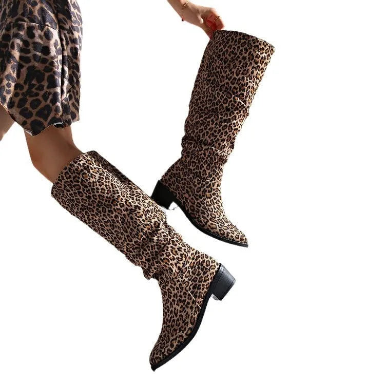 Brown leopard print women's ankle boots with a chunky square toe heel.